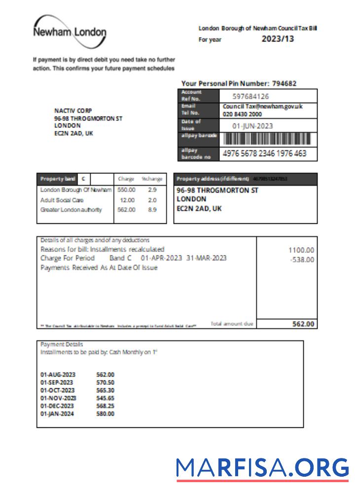 Realistic Newham London Borough Council tax business bill, SCR example